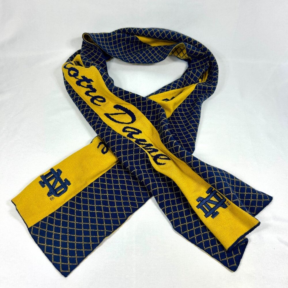 Notre Dame Fighting Irish Long Knit Scarf. Diamond Pattern & Logo In Navy & Gold